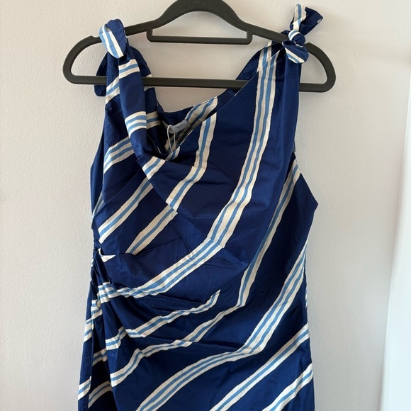 Mango Tie Shoulder 100% Cotton Striped Print Gathered Waist Side Slit Dress NWT - Picture 11 of 13